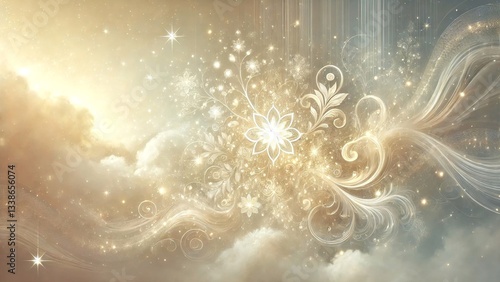 雲の隙間から見える光と浮かぶ花の抽象画イラスト