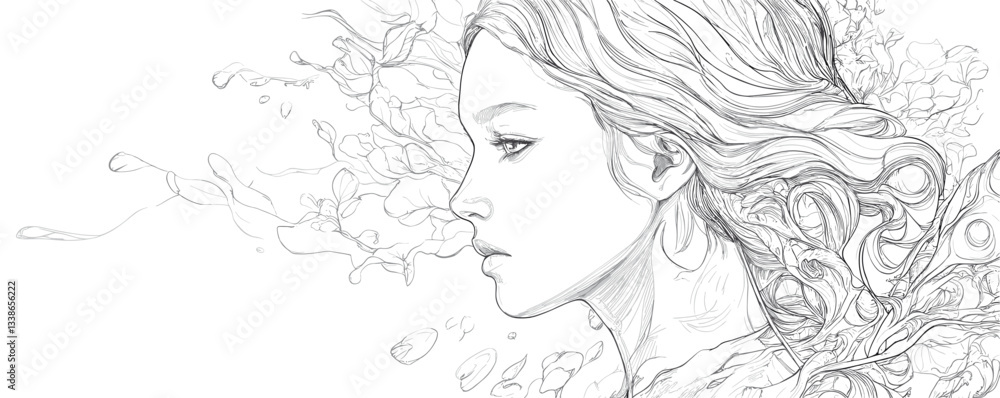 Intricate line drawing of a woman with flowing hair and floral elements. Intricate line drawing of a woman with flowing hair and floral elements.