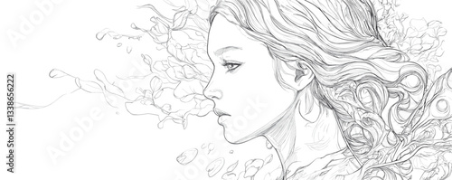 Intricate line drawing of a woman with flowing hair and floral elements.