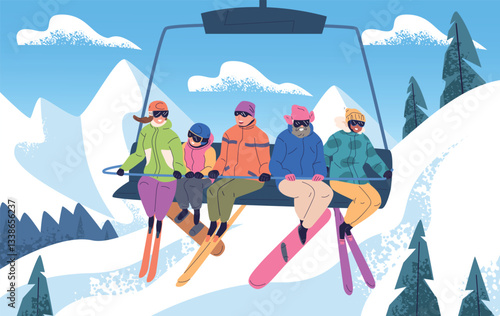 Skiers chairlift. People lifting up on ski lift cableway, man skier woman with snowboard take cable car to mountain skiing track, winter vacation resort classy vector illustration