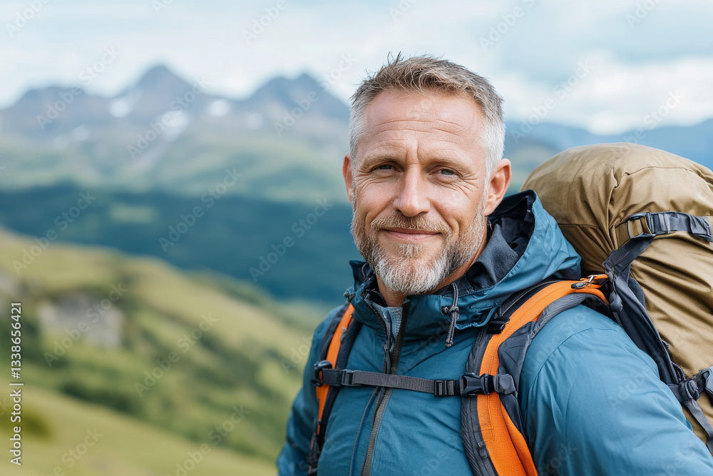 smiling man enjoys nature while hiking in mountains smiling man enjoys nature while hiking in mountains