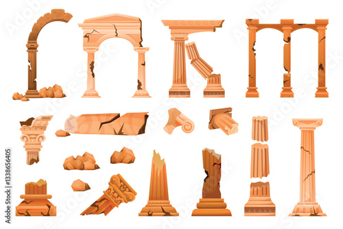 Pillars ruin. Ancient greek or roman columns, medieval broken stone pillar from antiquity old temple greece rome baroque architecture historic ruins set, swanky vector illustration