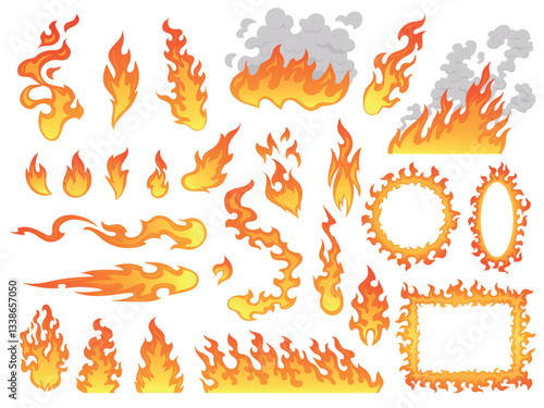 Cartoon fire flames set. Comic burn flame shapes, painting fuego curve firestorm hot blaze effect fireball angry evil hell bonfire heat fireflame fires, tidy vector illustration