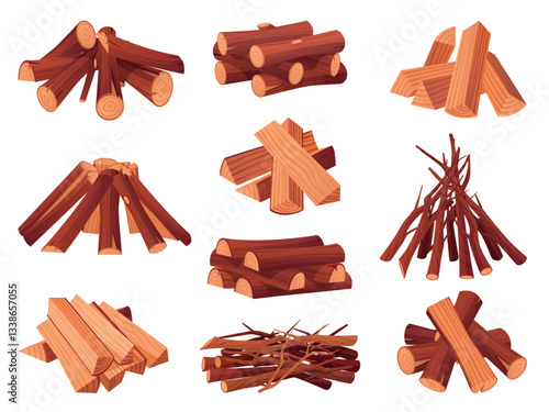 Cartoon firewood. Woodpile, wood log stack for bonfire campfire or fireplace tree branch heap timber piling lumber fire heat wooden material stick hut, set tidy vector illustration