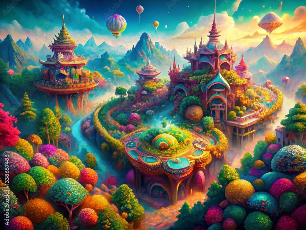 Fototapeta premium Whimsical Aerial View of a Fantastical Creature World: Colorful Geometric Landscape