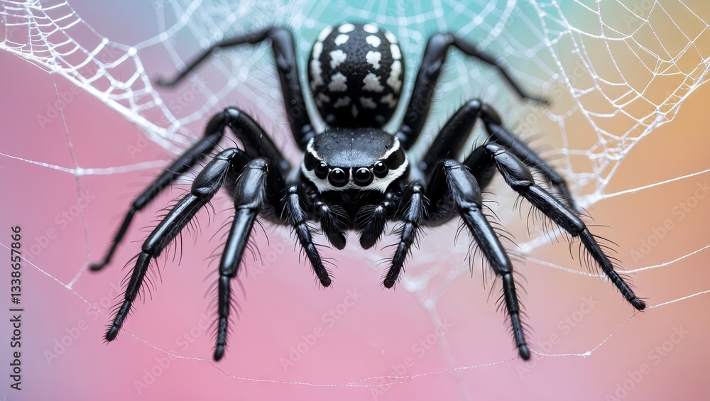Fototapeta premium Close-up of a black jumping spider on an intricate web with a soft pastel gradient background showcasing shades of pink, blue, and lavender.