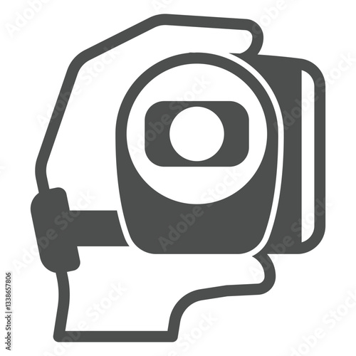 Hand holding video camera solid icon, video recording concept. Vector graphics. Camera in hand sign on white background, glyph style icon for mobile or web design.
