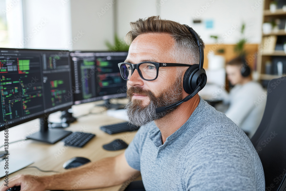 Efficient man working with headset in modern office Efficient man working with headset in modern office