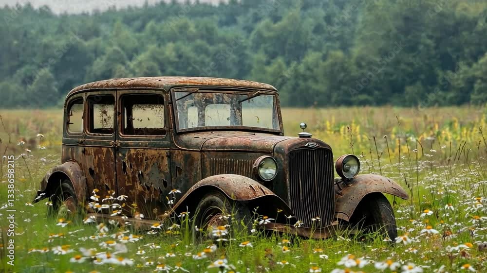 Rusty Vintage Car Surrounded by Wildflowers in Overgrown Grass Field with Forest Background on a Cloudy Day