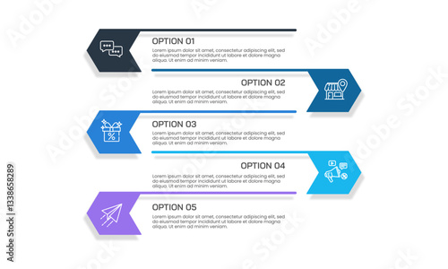 Vertical infographic. 5 Steps left and right arrows design template. Banner, Presentation, Report, Poster and Plan. Vector illustration.