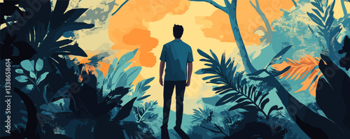 Silhouette of young man in lush jungle at sunset with vibrant foliage and dramatic sky.