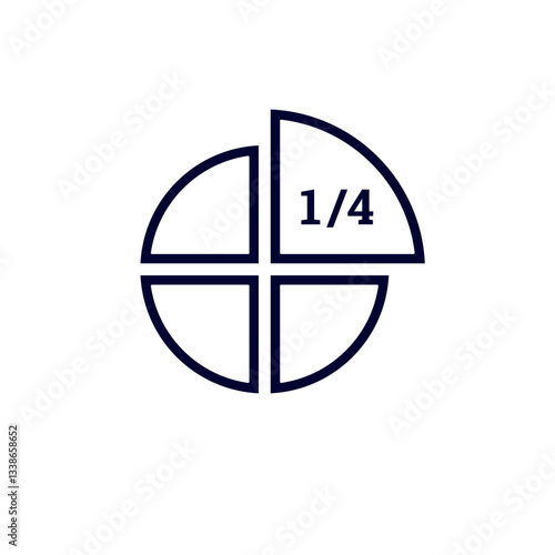 A minimalist quarter pie chart icon with clean black lines and centered text denoting one fourth.