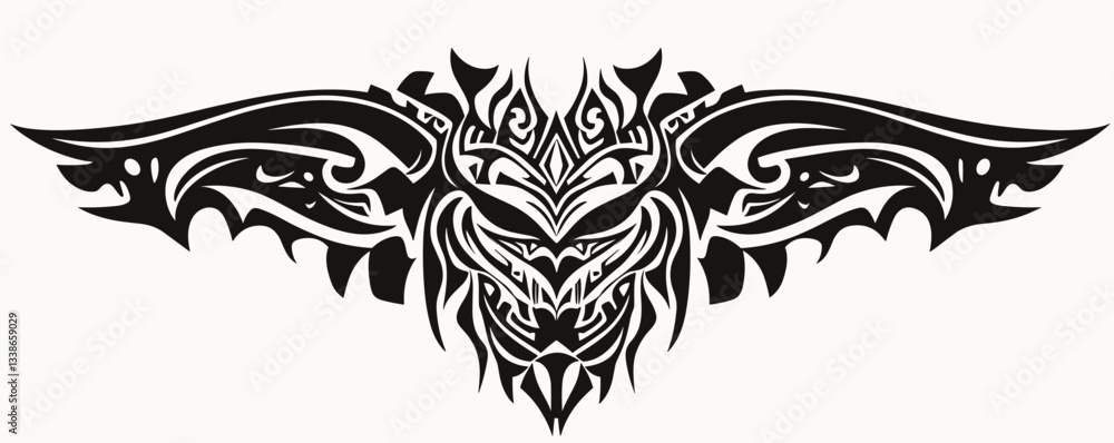 Fototapeta premium Intricate black tribal tattoo design with symmetrical winged patterns and abstract details.
