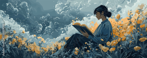 Woman reading in floral field under cloudy sky, immersed in book and nature.