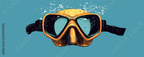 Bright yellow diving mask with bubbles underwater against teal background.