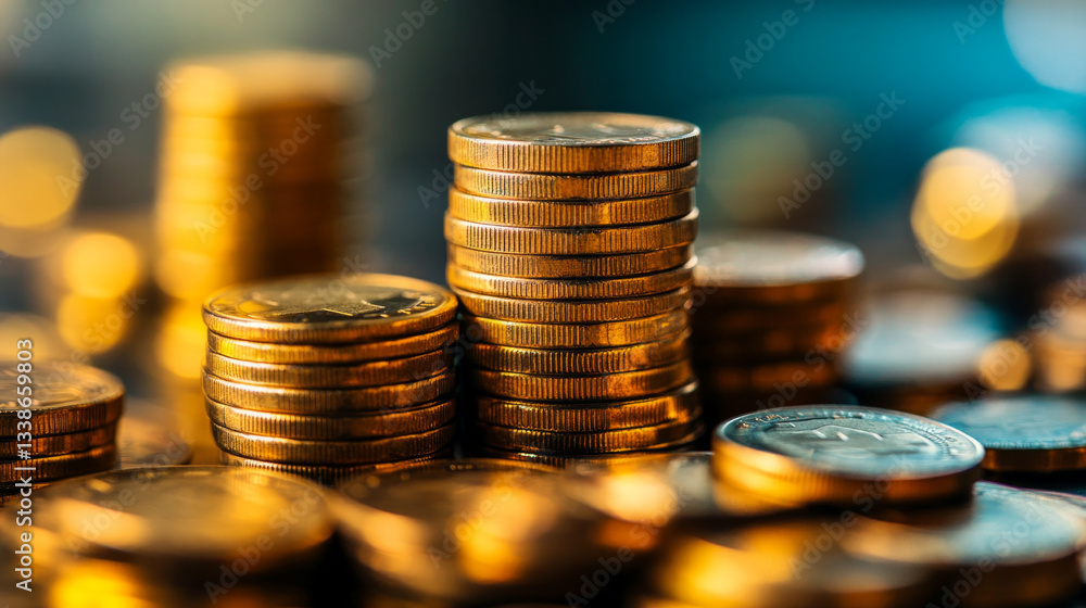 Detailed view of stacked coins representing financial growth and investment strategies in a modern setting Detailed view of stacked coins representing financial growth and investment strategies in a modern setting