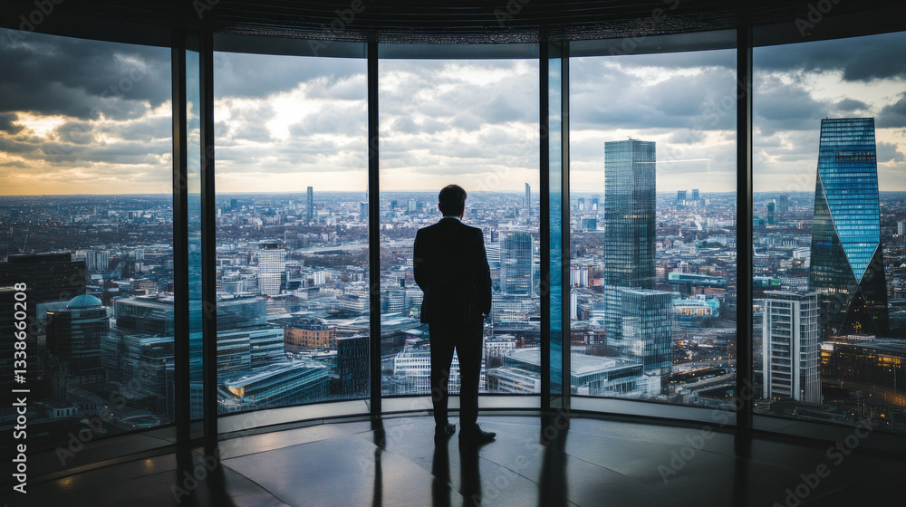 Fototapeta premium High-ranking executive contemplating the city from a modern skyscraper at sunset