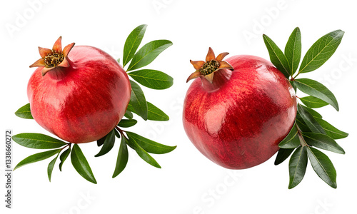 Pomegranate fruits with leaves set, half pomegranates collection isolated