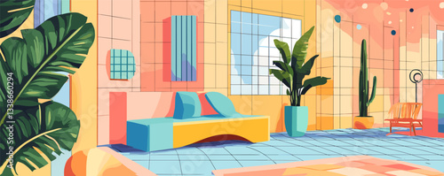 Vibrant modern interior with abstract decor and lush indoor plants in sunlit room.