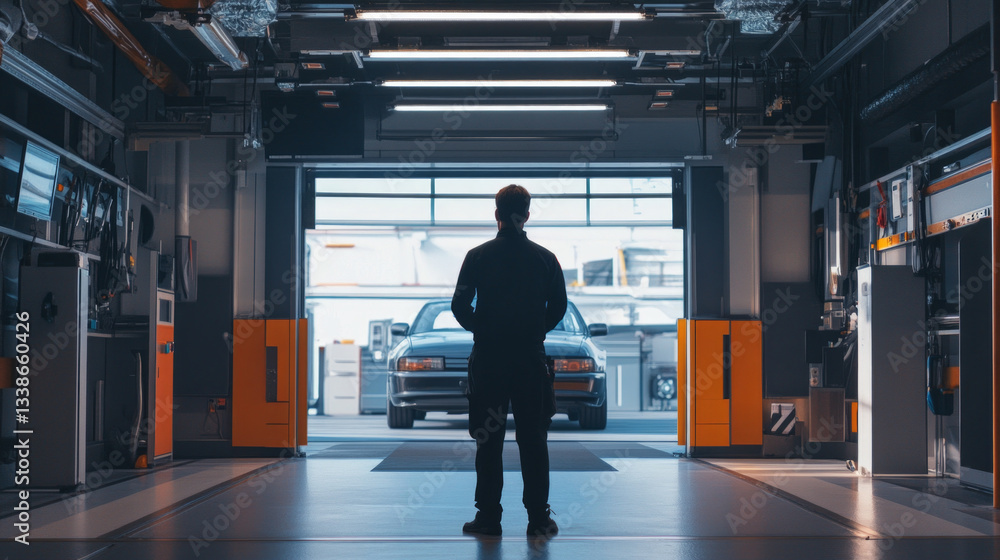 Fototapeta premium High-tech garage features advanced automotive technology and innovation in an urban setting during the day