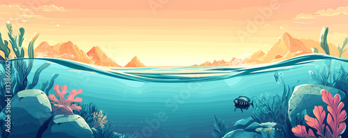 Colorful underwater landscape with sunset sky and fish in vibrant ocean scene.