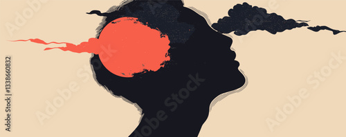 Abstract silhouette with red and black clouds explores human imagination and creativity.
