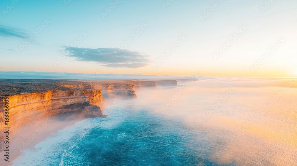 Obraz premium Seaside cliffs landscapes idea. Serene coastal view during sunset with calming waves and soft mist.