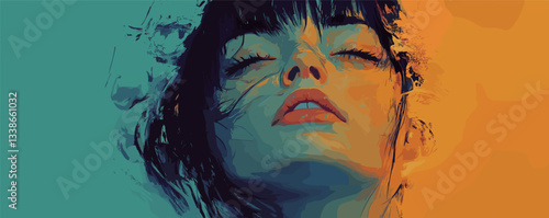 Colorful digital portrait of a young woman with eyes closed and bold contrast.