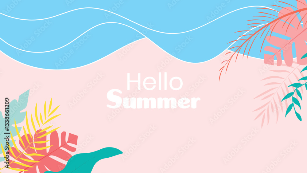 Obraz premium vibrant Hello Summer background featuring tropical leaves, ocean waves, and pastel colors. Perfect for seasonal designs, banners, and social media posts.