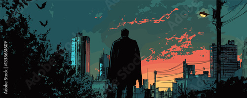 Silhouetted man in cape stands before urban skyline at sunset with dramatic clouds.