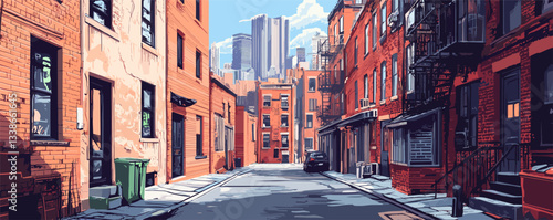 Quiet urban alley with red brick buildings and skyscrapers in the background.