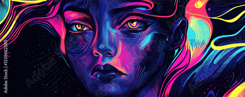 Vibrant digital portrait of a woman with neon colors and abstract patterns.