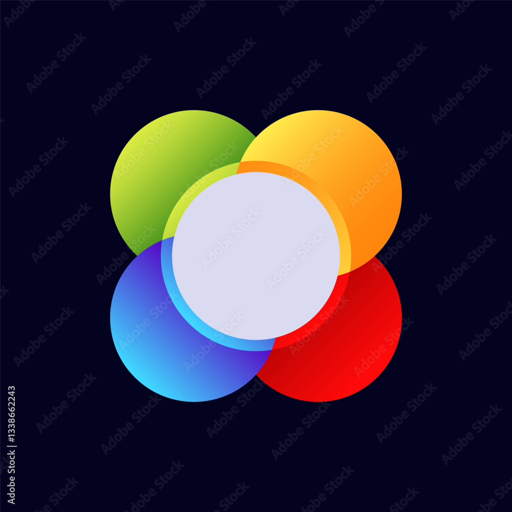 Four vibrant circles meet with a central white circle, showcasing bold colors blending smoothly. Four vibrant circles meet with a central white circle, showcasing bold colors blending smoothly.