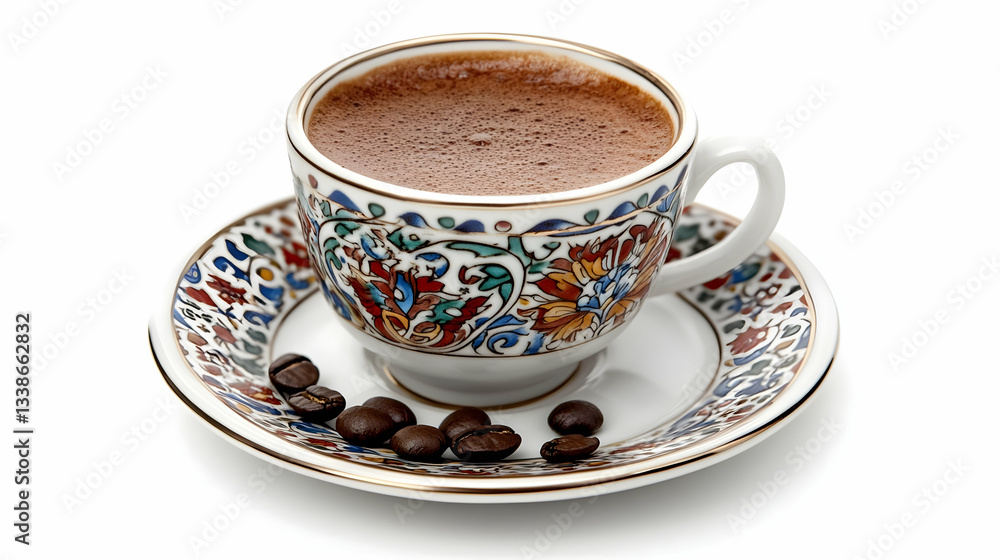 Turkish Coffee in Ornate Cup with Coffee Beans – Authentic Middle Eastern Brew Turkish Coffee in Ornate Cup with Coffee Beans – Authentic Middle Eastern Brew