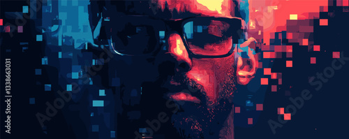 Abstract portrait of a bearded man in pixelated digital art with glasses and colorful background.