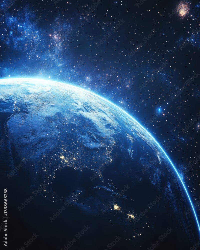 Obraz premium Captivating Earth View from Space with City Lights and Starry Sky a Cosmic Perspective of Our Planet