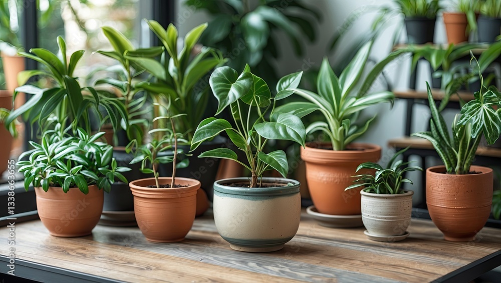 Obraz premium Indoor home garden display featuring various potted plants in ceramic and terracotta pots on a wooden table with green foliage in the background.