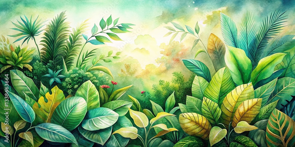 Fototapeta premium Watercolor Leaf Landscape: Biophilic Art Print, Nature Inspired Botanical Design