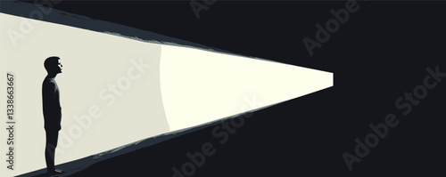 Silhouette of a man in a suit staring into a bright tunnel.