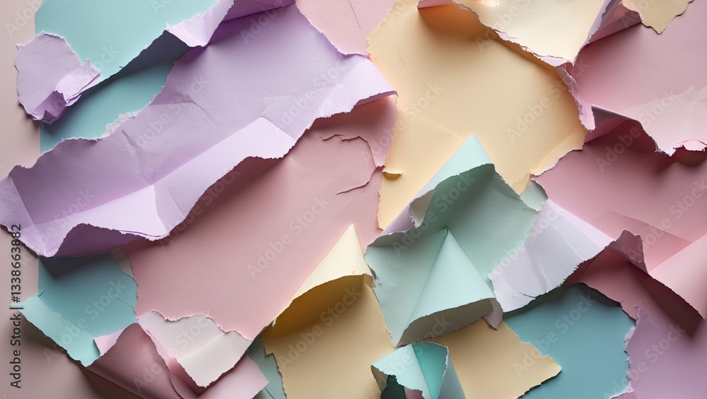 Εκτύπωση καμβά Torn paper layers in soft pastel shades of pink, blue, and yellow overlapping on