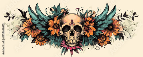 Vibrant skull with floral and feather elements in intricate tattoo design.