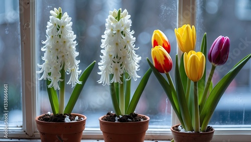 Blooming white hyacinth flowers and vibrant yellow and purple tulips in terracotta pots on a sunlit windowsill against a blurred background. photo