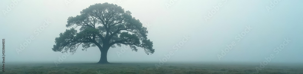 The lone oak tree's branches sway gently in the foggy atmosphere, branches, oak, fog The lone oak tree's branches sway gently in the foggy atmosphere, branches, oak, fog