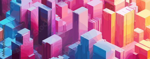 Vibrant abstract cityscape with colorful geometric skyscrapers in pink and blue.