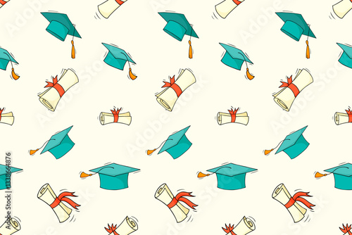Doodle seamless pattern of school education, study and graduation. Background with sketch elements of university education, students caps, and diploma scrolls, vector hand drawn illustration