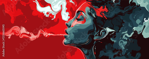Vibrant abstract painting of woman with colorful smoke on red background.