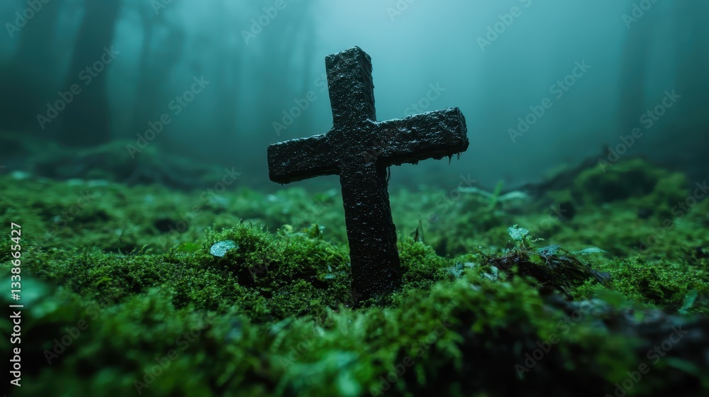 A dark, mysterious cross stands alone in a foggy forest, surrounded by lush green moss, evoking a serene yet eerie atmosphere of solitude and contemplation. A dark, mysterious cross stands alone in a foggy forest, surrounded by lush green moss, evoking a serene yet eerie atmosphere of solitude and contemplation.