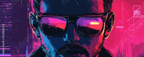 Futuristic portrait of a man with sunglasses amidst neon digital art background.