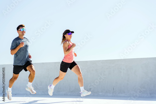 Fototapeta Naklejka Na Ścianę i Meble -  Runners enjoy a sunny day exercising on a rooftop track in a modern urban setting