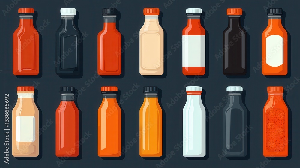 Collection of Colorful Bottles Featuring Sauces, Juices, and Drinks on Dark Background with Elegant Design Collection of Colorful Bottles Featuring Sauces, Juices, and Drinks on Dark Background with Elegant Design
